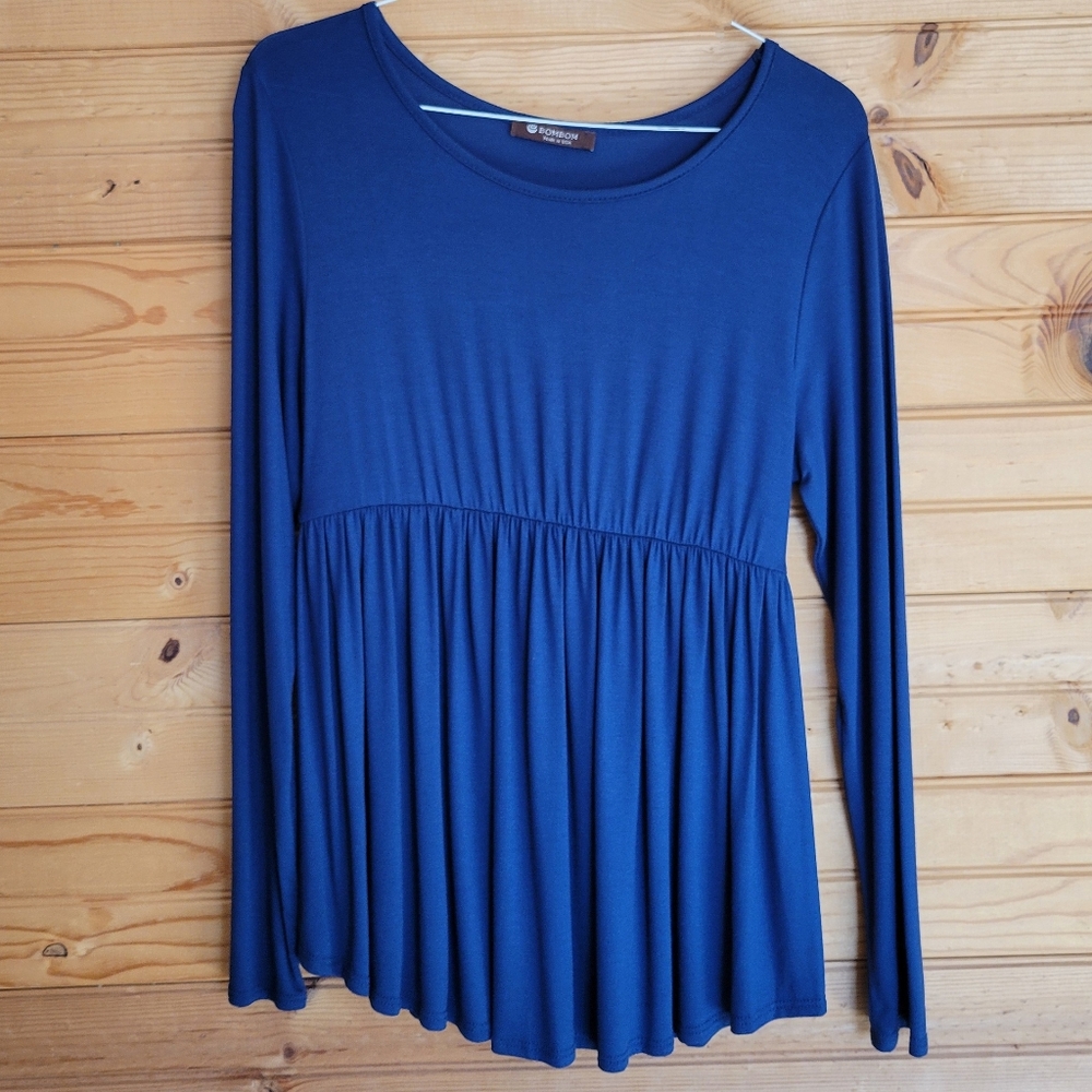 BomBom Navy Blue Long-Sleeved Womens Blouse, Size Medium